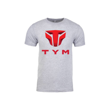 Heather TYM tee with full front red logo
