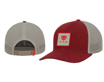 TYM Red heather hat with tan woven patch logo