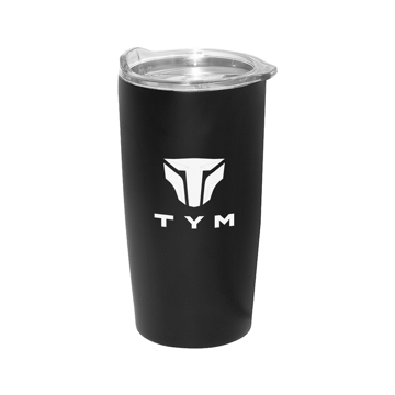 Image of a black tumbler with a white TYM logo
