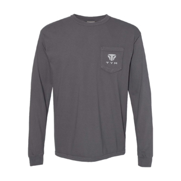Image of a gray long sleeve with a white TYM logo on the front left chest pocket