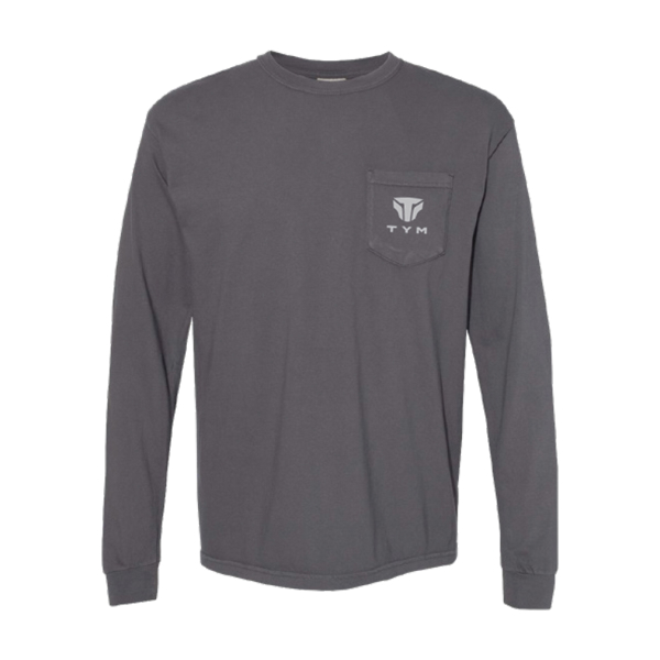 Image of a gray long sleeve with a white TYM logo on the front left chest pocket
