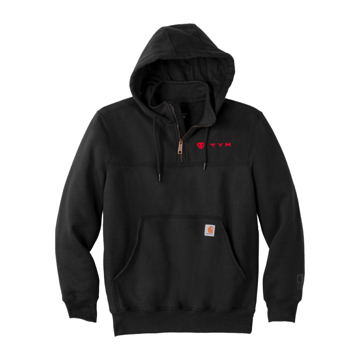 Image of a black hoodie with red TYM logo on the front left chest