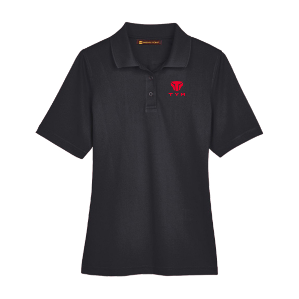 Image of a black polo with red TYM logo