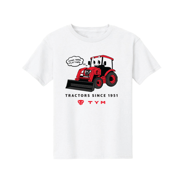 Image of a white tee with a red and black TYM design 