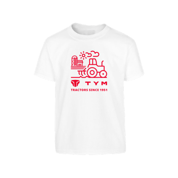 Image of a white tee with a red TYM design