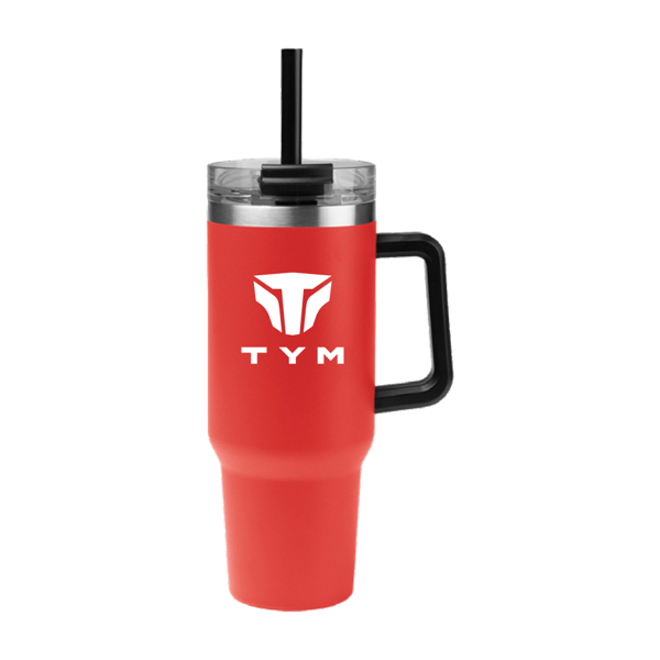 Image of a red tumbler with a white TYM logo