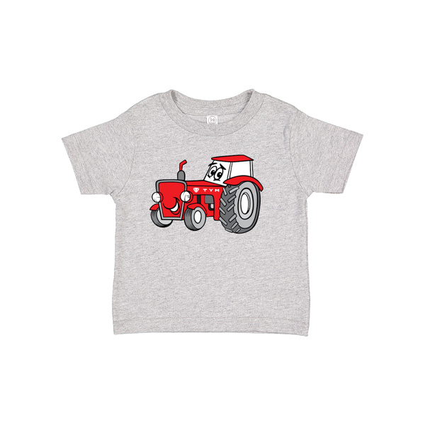 Image of a grey short sleeve t-shirt with a red tractor and the TYM logo on it