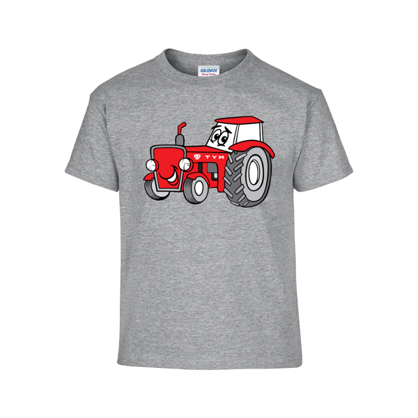 Image of a grey short sleeve t-shirt with a red tractor and the TYM logo on it