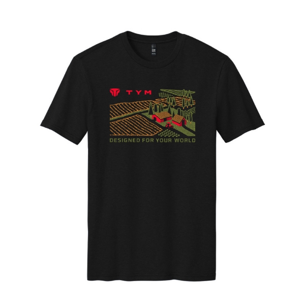TYM Landscape Tee with farm graphic and Designed for Your World tagline