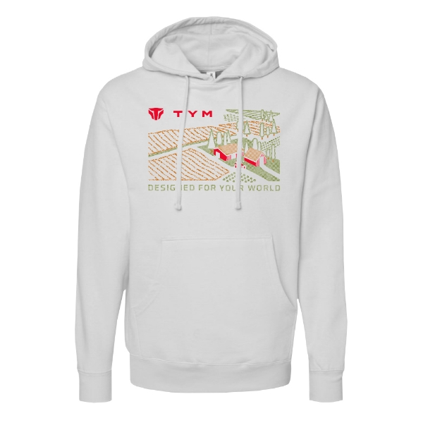 TYM Landscape Hoodie with farm graphic and Designed for Your World tagline