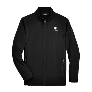 Black TYM softshell jacket with reflective zippered pockets and TYM branding