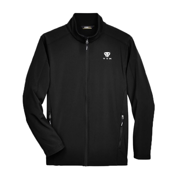 Black TYM softshell jacket with reflective zippered pockets and TYM branding