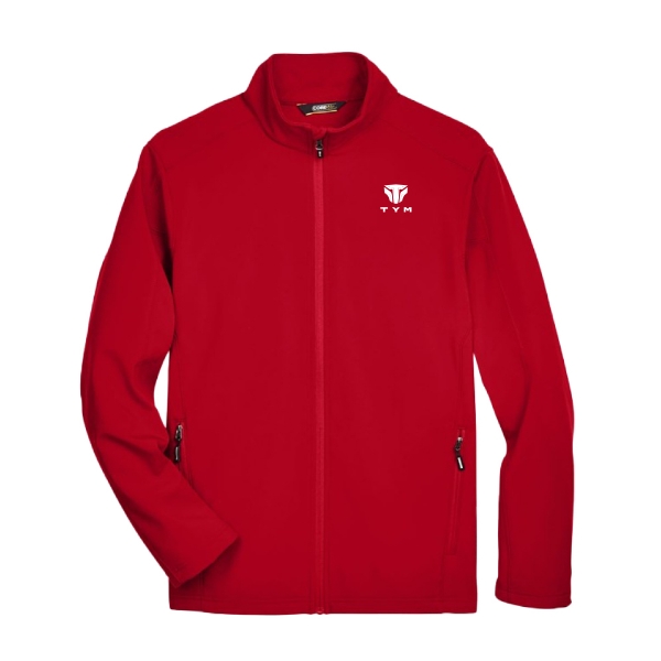 Red TYM softshell jacket with reflective zippered pockets and TYM branding