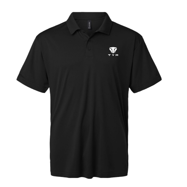 Black TYM Performance Polo with three-button placket and TYM branding