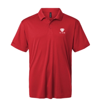 Red TYM Performance Polo with three-button placket and TYM branding