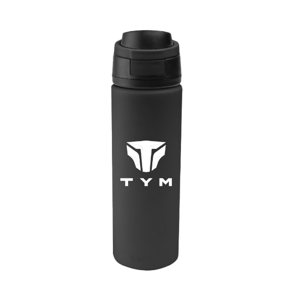 Black TYM Pop Sip 32oz stainless steel bottle with bold TYM logo