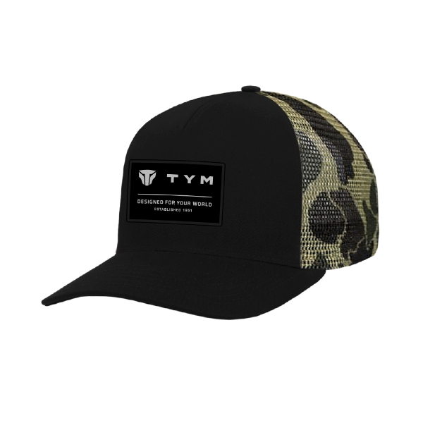 TYM Black & Camo Trucker Hat with embroidered TYM logo