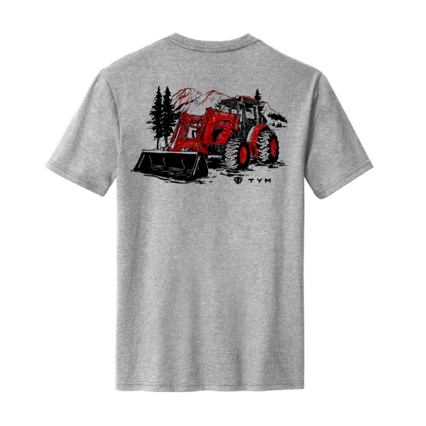 Back view of TYM Tractor Tee with red tractor and mountain graphic